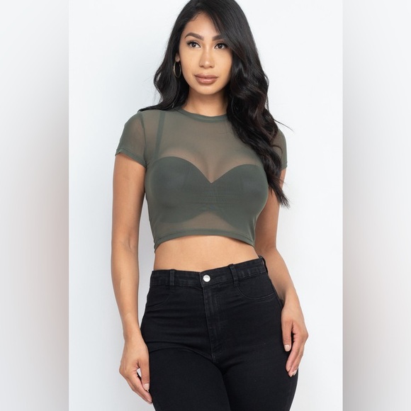 321B-OLIVE. Basic Mesh Short Sleeve Crop Top - Picture 1 of 1